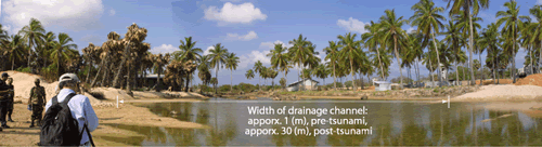 Photo-3 Channel widened at the time of water retreat (The location is on the shore nearly 15 km north of Trincomalee City. The photo was taken looking upstream from the river mouth.) 