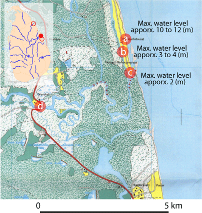 Fig-2 Mahaweli Ganga River mouth (The maximum water level mark was 4 m at Point (b) and 2 m at Point (c). The difference may be attributed to the density of obstacles. The distance from Point (c) to Point (d) is about 3.2 km.)